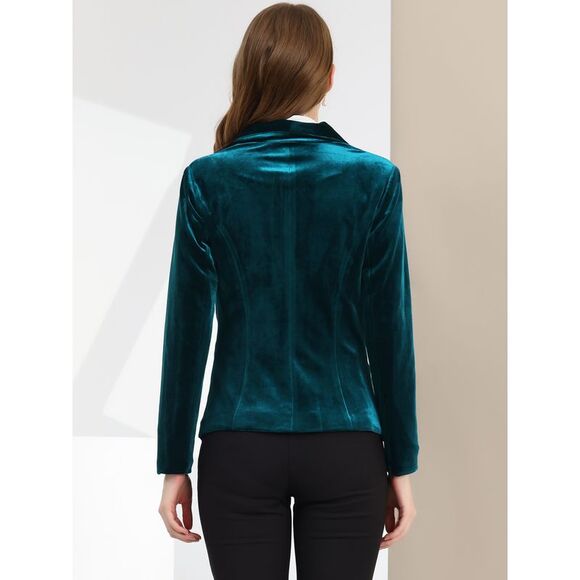 Women's Coat Solid Shawl Collar 1 Button Velvet Blazer Lake Blue - Picture 5 of 6